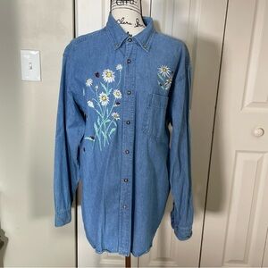 Mantra XL Embroidered Flowers & Ladybugs Long Sleeve Button Down Denim Shirt